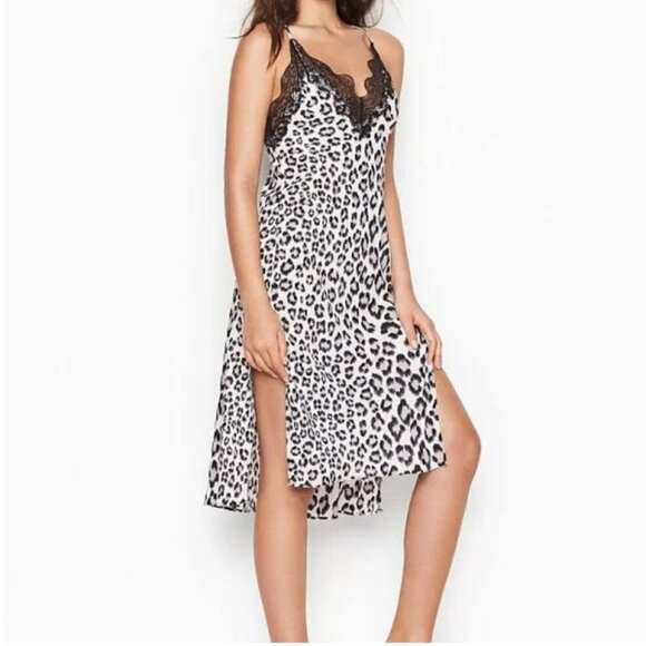 new with tags! Victoria's Secret leopard flowy slip dress lingerie midi slit - Picture 1 of 7
